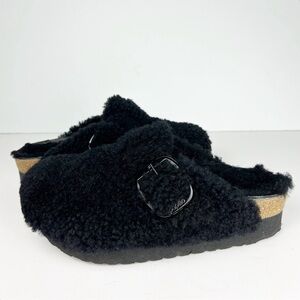 Birkenstock Papillio Boston Teddy Black Shearling Big Buckle Platform Clog EU 36